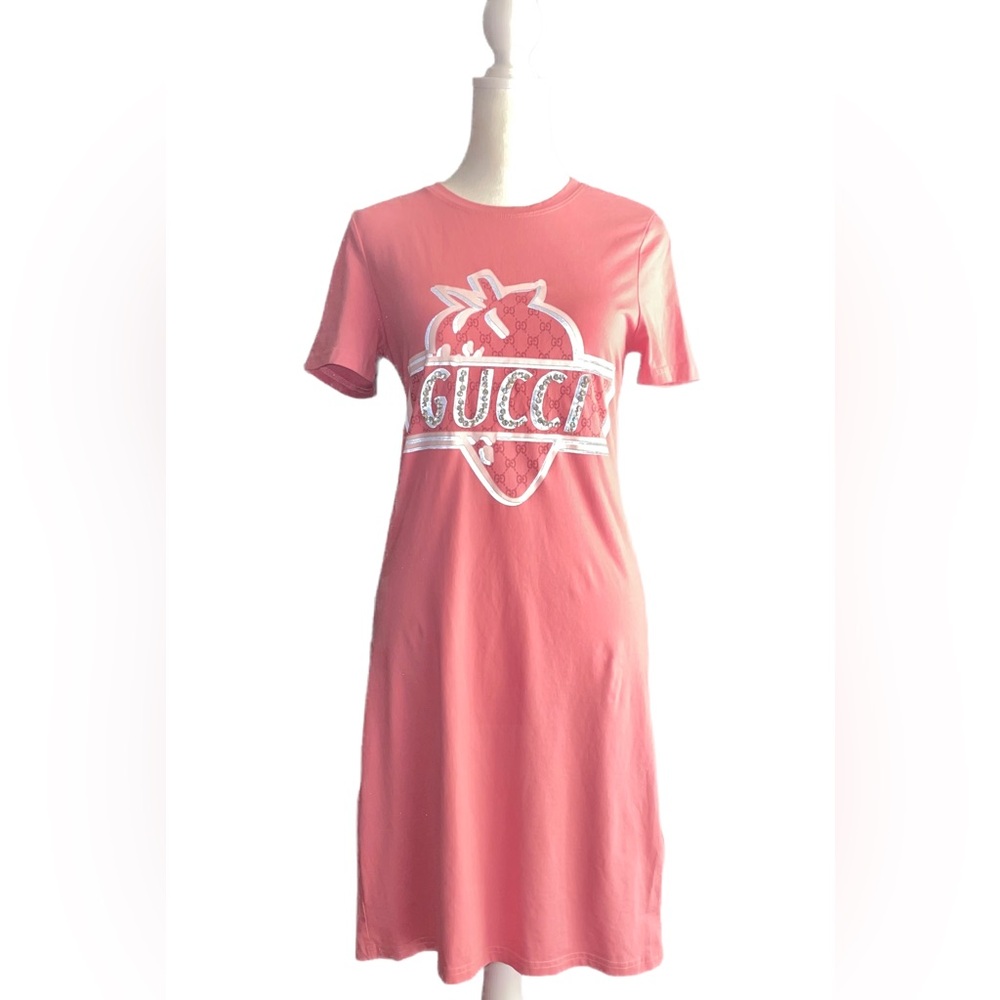 🔥GUCCI X DISNEY DRESS 100% COTTON PINK STRAWBERRY WITH RHINESTONES! SZ 8 / MED